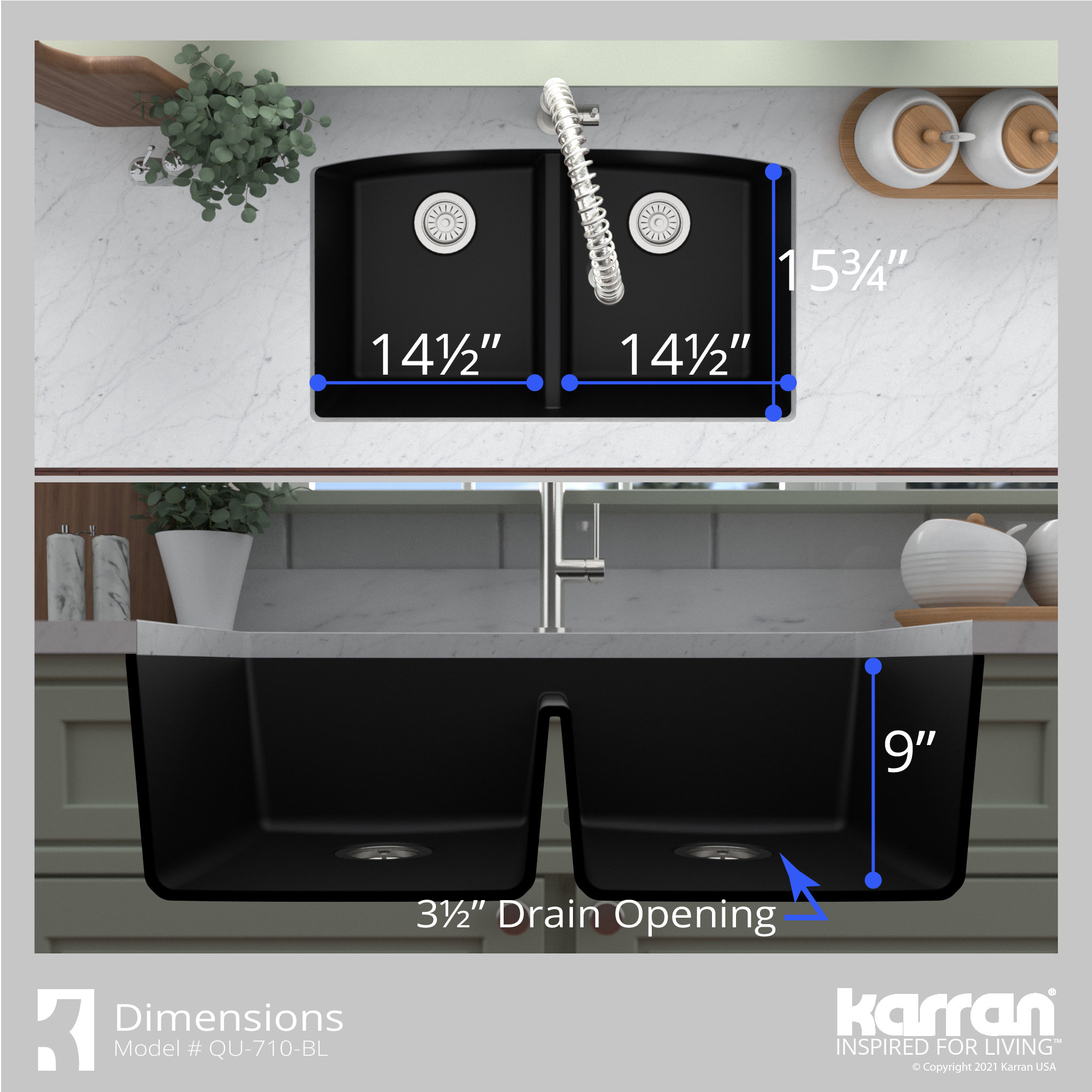 Karran Undermount Quartz 32" 50/50 Double Bowl Kitchen Sink Kit, Black