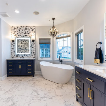 Master bathroom remodeling in Chesapeake with standing shower + corner bathtub