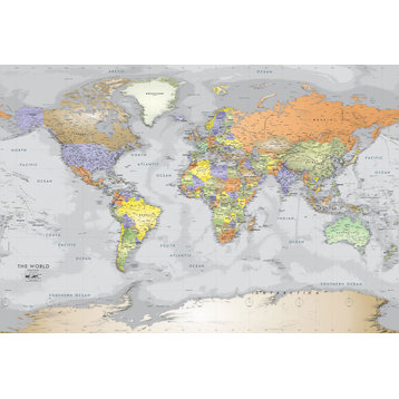 Gray Ocean World Political Map Decal, Peel and Stick, 1-Panel, 62"x42"