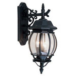 Livex Lighting - Frontenac Outdoor Wall Lantern, Black - This classically transitional, cast aluminum outdoor wall lantern light is a six-sided lantern in black finish with clear beveled glass and a extravagantly decorative scrolls.