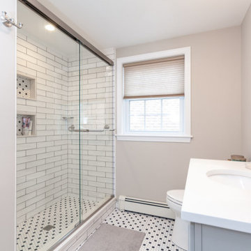 Glass-Enclosed Subway Tile Shower with Hex Floor – Middleton MA