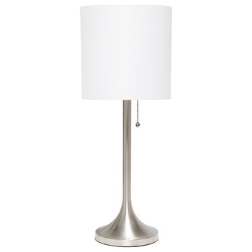 Simple Designs Brushed Nickel Tapered Table Lamp with White Fabric Drum Shade