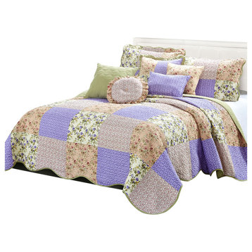 Patchwork Quilted 8-Piece Bed Spread Coverlet Set, Pink, Queen