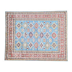HAND KNOTTED SKY BLUE GEOMETRIC DESIGN SUPER KAZAK RUG - Area Rugs