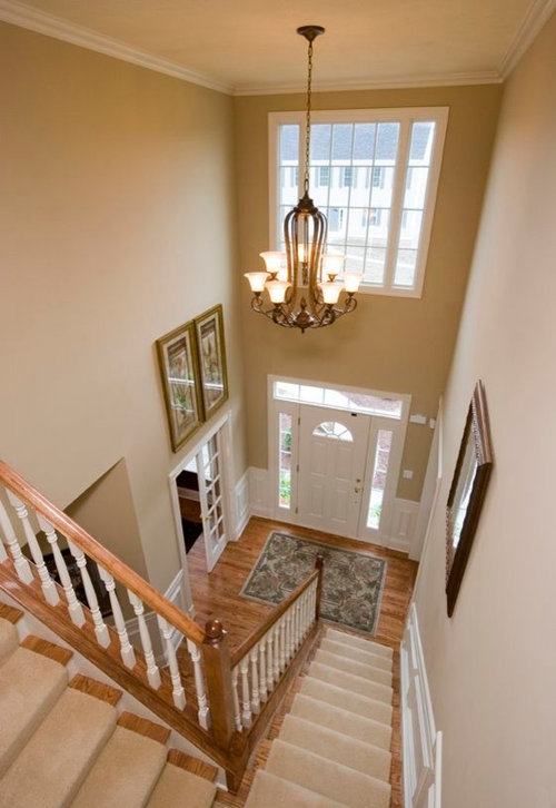 Dark wood floors, iron stairs, what color chandelier?! (and size!)