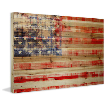 "American Flag" Painting Print on Natural Pine Wood, 18"x12"
