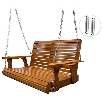 Wooden Porch Swing 2-Seater, Bench Swing with Cupholders (Brown), Brown