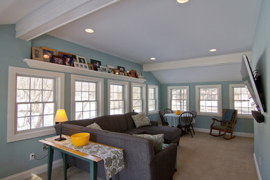 Game room - mid-sized transitional enclosed carpeted game room idea in Detroit with blue walls, no fireplace and a wall-mounted tv