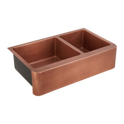 36" Tegan 70/30 Offset Double-bowl Hammered Copper Farmhouse Sink - Kitchen Sinks