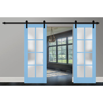 Double Barn Door 56 x 80, Veregio 7412 Aquamarine & Frosted Glass, 13' Rail