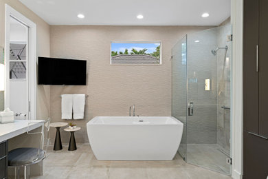 Example of a large minimalist master gray tile and porcelain tile porcelain tile, gray floor, double-sink and wallpaper bathroom design in Miami with flat-panel cabinets, dark wood cabinets, a one-piece toilet, beige walls, a vessel sink, quartzite countertops, a hinged shower door, white countertops and a built-in vanity