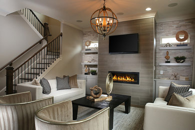 Mid-sized minimalist enclosed family room photo in Atlanta with beige walls, a ribbon fireplace, a tile fireplace and a wall-mounted tv