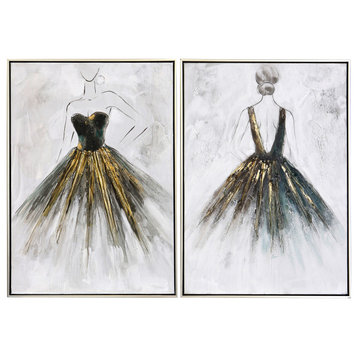 Ballet Lady Painted Canvas Muted Color Palette Silver, Black Frame, Set of 2