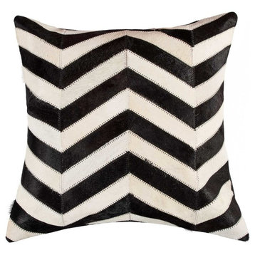 18" X 18" Black and Off White Chevron Cowhide Pillow