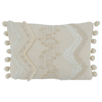 Cord and Pom Pom Applique Throw Pillow Cover, 12"x18", Ivory