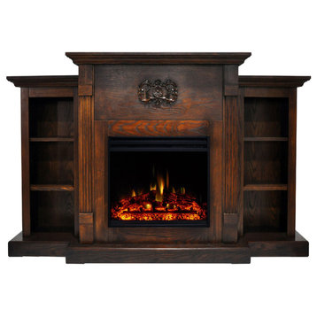 Classic Electric Fireplace Heater With 72" Walnut Mantel, Bookshelves