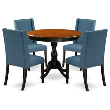 AMFL5-BCH-21 - Dining Table and 4 Blue Linen Fabric Chairs - Black Finish