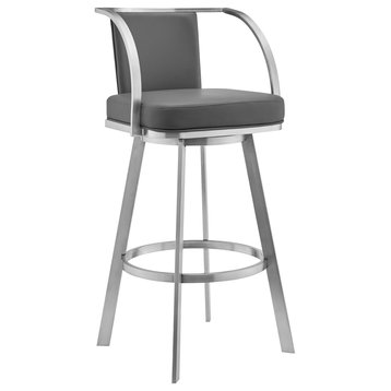Livingston Gray Faux Leather and Brushed Stainless Steel Swivel Bar Stool, 26"