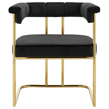 Elegant Dining Chair, Golden Metal Frame With Velvet Seat & Shelter Arms, Black