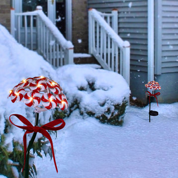 20"H Outdoor Solar Candy Cane Lawn Stakes with LED Lights, Red/White (Set of 2)