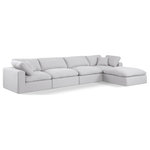 Meridian Furniture - Comfy Upholstered L-Shaped Modular Sectional, White, 5-Piece: 2 Armless Chair, 2 Corner Chair, 1 Ottoman, Linen Textured Fabric - Give your space a whole new look with this white Comfy linen textured fabric sectional. This handsome sectional fits nicely with other items in the Comfy collection and is a versatile seating option designed for adaptability, comfort and style. Wrapped in rich white durable linen textured fabric upholstery, this sectional offers a plush embrace of overstuffed down feather cushions, carefully crafted to deliver the highest level of comfort. The perfect seat for creating an oasis for relaxation, this sectional has thick foam surrounding its frame for added support and coziness.