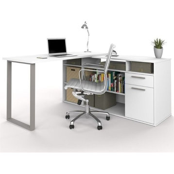 Pemberly Row Wood L Shaped Office Writing Desk with Drawers in White