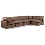 Meridian Furniture - Indulge Upholstered Modular L-Shaped Sectional, Brown, 5-Piece: 3 Armless Chair, 2 Corner Chair, Fiber Stuffed Vegan Leather - Experience ultimate comfort and style with our brown vegan leather Indulge Sectional. The luxurious vegan leather will elevate the aesthetic of any room. This sofa provides ample space for you to relax while its modular build offers the option of unlimited configurations. Whether you're looking to add a stylish element to your living room or a comfortable seating option to your bedroom, this sofa is the perfect choice.