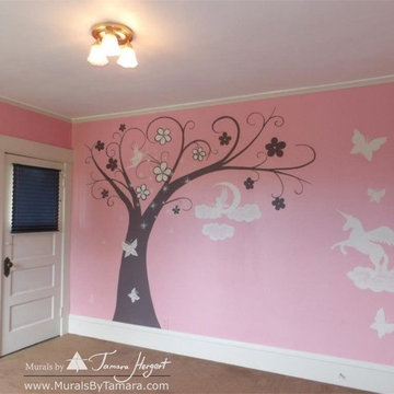 Pink girl's princess room with fairies, unicorns and butterflies