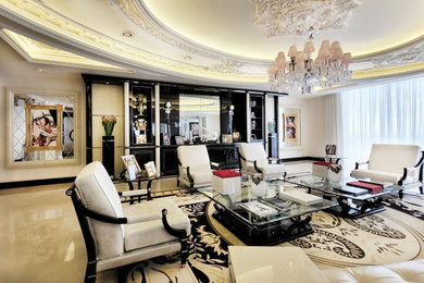 This is an example of a large traditional formal open concept living room with white walls.