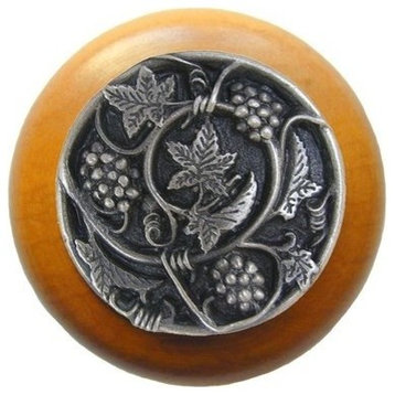 Grapevines Wood Knob, Antique Brass, Maple Wood Finish, Antique Pewter