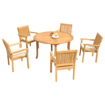 6-Piece Outdoor Teak Dining Set: 52" Round Table, 5 Leveb Stacking Arm Chairs