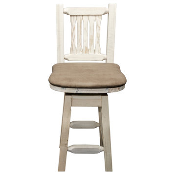 Homestead Bar Stool, Back and Swivel, Buckskin Upholstery, Clear Lacquer Finish
