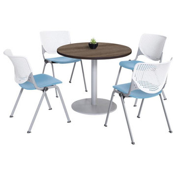 KFI 42" Round Dining Table - Teak Top - Kool Chairs - White/Sky Blue