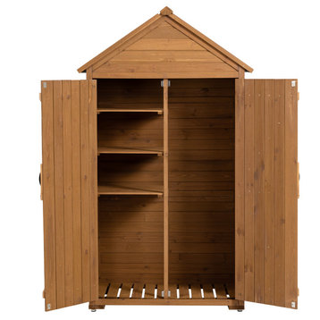 Outdoor Wood Storage Shed for Tools, With Shelf and Latch, Brown