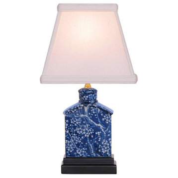Reverse Blue and White Porcelain Cherry Blossom Tea Caddy Table Lamp 13"