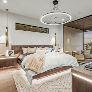 Modern Luxury Lakehouse Master Bedroom with Floating Bed and Panoramic Lake View