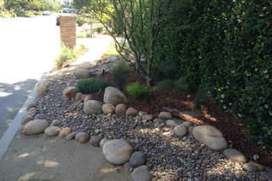 This is an example of a mid-sized transitional partial sun and drought-tolerant front yard gravel landscaping in Los Angeles.