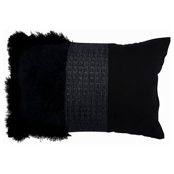Black Faux Leather Suede 12"x16" Lumbar Pillow Cover Feather - Wicked Black