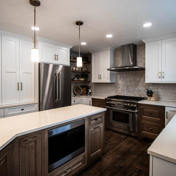 Two Tone Kitchen with Floating Shelves and Island Seating and Updated Fireplace
