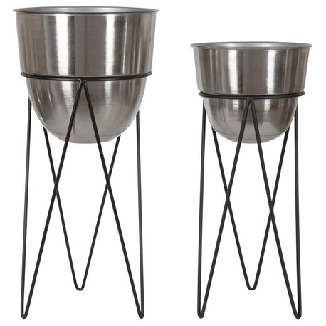 Mantua Round Metal Planter Set, Silver/Black 2 Piece