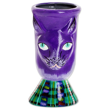 Novica Handmade Top Cat In Purple Ceramic Flower Pot