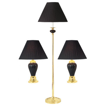 Black Ceramic/Brass Table, Floor Lamp 3-Piece Set, Black