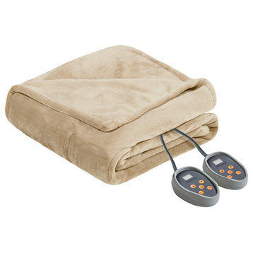 Beautyrest Solid Microlight Heated Blanket, Tan, Queen