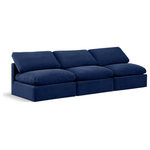 Meridian Furniture - Indulge Upholstered Modular Sofa, Navy, 3-Piece: 3 Armless Chair, Down Stuffed Velvet - Experience ultimate comfort and style with our navy velvet Indulge Sofa. The luxurious velvet will elevate the aesthetic of any room. This sofa provides ample space for you to relax while its modular build offers the option of unlimited configurations. Whether you're looking to add a stylish element to your living room or a comfortable seating option to your bedroom, this sofa is the perfect choice.