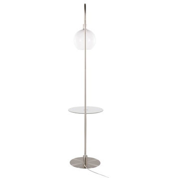 Contemporary Glam Floor Lamp, Nickel Metal Frame With Glass Shelf & Glass Shade