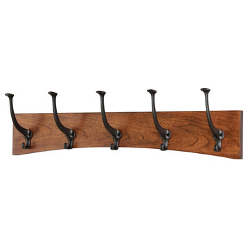 Solid Cherry Curved Wall Coat Rack Mission Hooks, 25.5x6.5", 5 Hooks