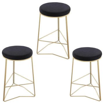 Home Square 3 Piece Tres Velvet Counter Stool Set with Gold Metal Base in Black