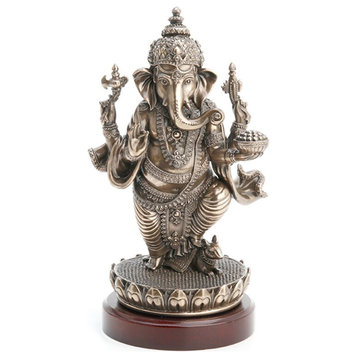 Lord Ganesha Standing On Lotus Statue With Wooden Base Hindu and Buddhism
