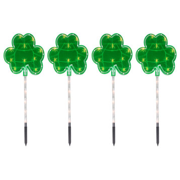 4ct Green St Patrick's Day Shamrock Pathway Marker Lawn Stakes, Clear Lights