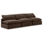 Meridian Furniture - Comfy Upholstered Modular Sofa, Brown, 3-Piece: 3 Armless Chair, Velvet - Give your space a whole new look with this brown Comfy velvet sofa. This handsome sofa fits nicely with other items in the Comfy collection and is a versatile seating option designed for adaptability, comfort and style. Wrapped in rich brown durable velvet upholstery, this sofa offers a plush embrace of overstuffed down feather cushions, carefully crafted to deliver the highest level of comfort. The perfect seat for creating an oasis for relaxation, this sofa has thick foam surrounding its frame for added support and coziness.